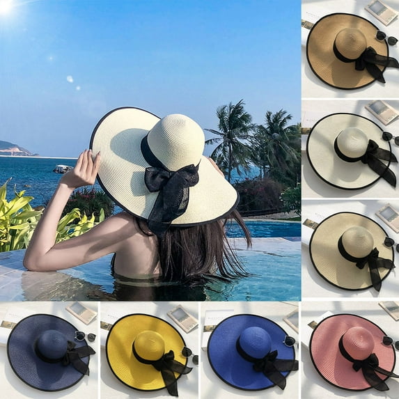 Happy date Womens Big Bowknot Straw Hat Large Floppy Foldable Roll up Beach Cap Sun Hat UPF 50+