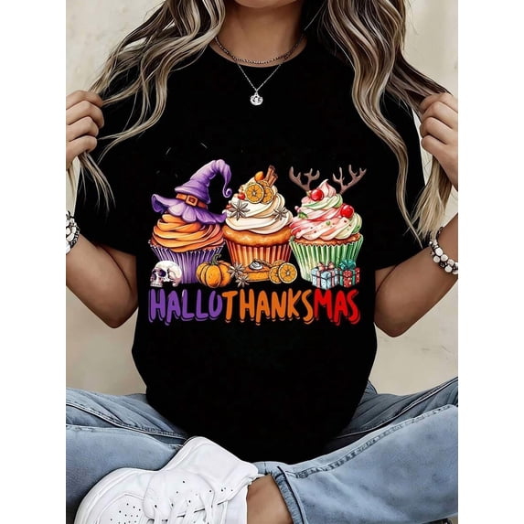 Happy mas Women T Shirt Halloween Thanksgiving Christmas Cupcake Graphic Tee Casual Short Sleeve Top