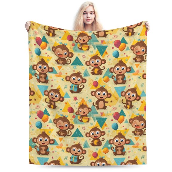 Happy monkey pattern Flannel Fleece Throw Blanket, Cozy Soft Anti-Pilling Fuzzy Blanket for Couch Bed Camping Travel, Lightweight Warm All-Season Throw for Kids Adults
