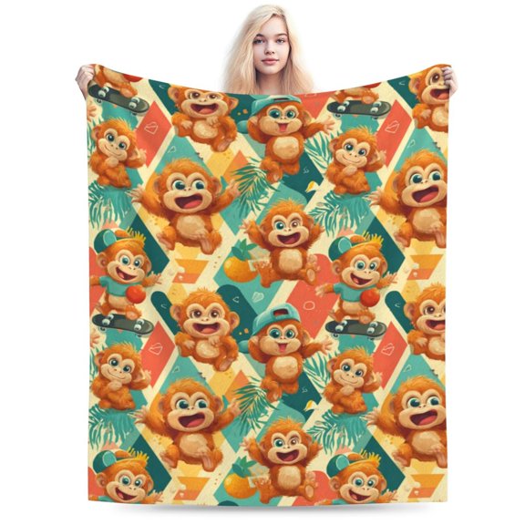 Happy monkey pattern Flannel Fleece Throw Blanket, Cozy Soft Anti-Pilling Fuzzy Blanket for Couch Bed Camping Travel, Lightweight Warm All-Season Throw for Kids Adults