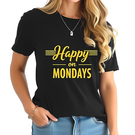 Happy on MONDAYS Cotton Short Sleeve T-Shirt - Bright Yellow Text on Black Positive Vibes for a Cheerful Start to the Week