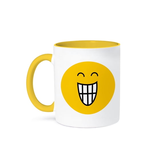 3dRose, Happy smiling face with cheeky toothy grin - yellow laughing mischievious cartoon smiling grinning, 11oz Two-Tone Yellow Mug