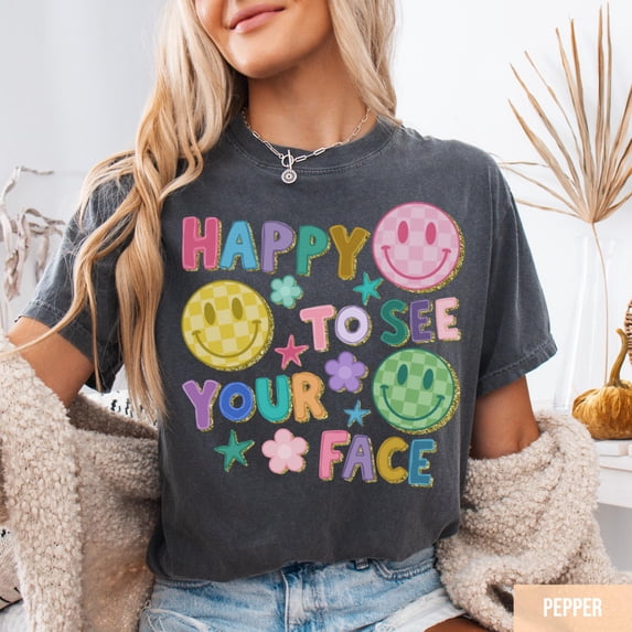 Happy to See Your Face Teacher Comfort Colors T-Shirt Colorful Doodle Stars Hand Drawn