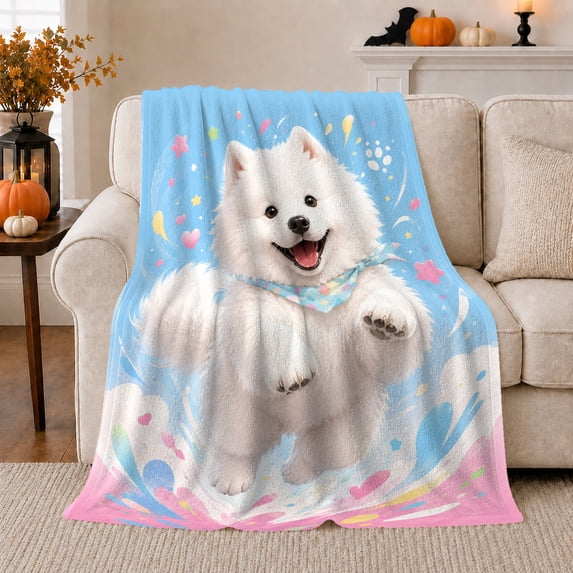 Happy white fluffy dog blue Flannel Blanket for bedroom kids room living room reading nook Home Decor cheerful stars hearts bandana cartoon pet art Gift for kids
