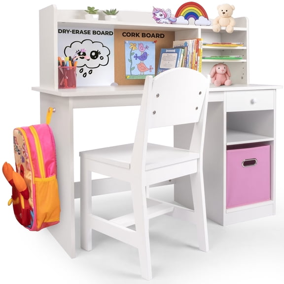 HappyHomePicks Kids Study Desk and Chair Set, Wooden Kids Desk and Chair with Hutch and Storage, White
