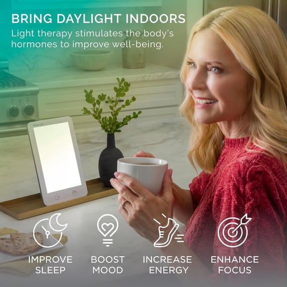 HappyLight Lumi Plus - Light Therapy Lamp with 10,000 Lux, UV-Free, LED Bright White Light with Adjustable Brightness, Countdown Timer, & Detachable Stand - Boost Mood, Sleep, and Focus