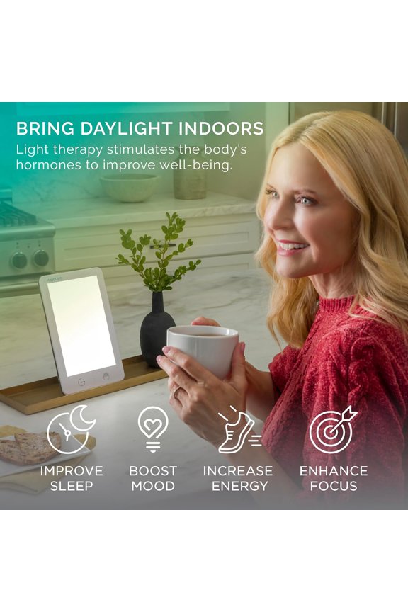HappyLight Lumi Plus - Light Therapy Lamp with 10,000 Lux, UV-Free, LED Bright White Light with Adjustable Brightness, Countdown Timer, & Detachable Stand - Boost Mood, Sleep, and Focus