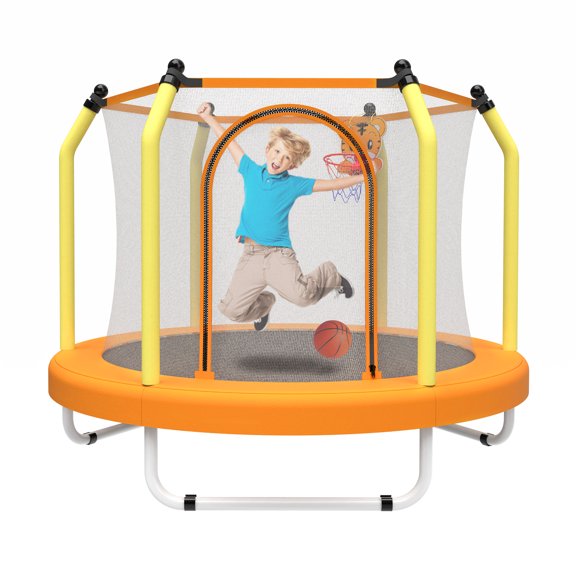 HappyToysWorld 55-Inch Toddler Trampoline with Hoop & Safety Net, Indoor Outdoor Kids Jumping Trampoline for Ages 1-8, Ultimate Birthday Gift