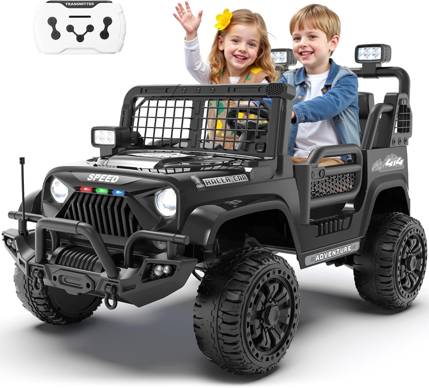 HappyToysWorld Kids Ride On Car 24V with Parent Remote Control, 2-Seater Electric Toy Truck for Big Boys & Girls, 4 Shock Absorbers, 3 Speed Modes, 24 Volt Battery Powered Vehicle