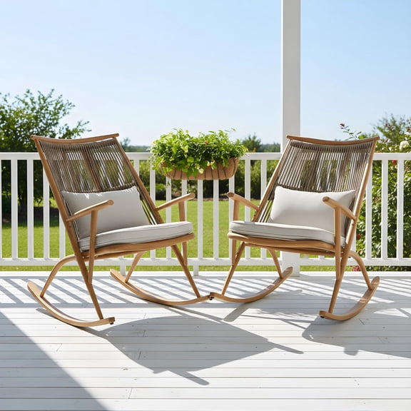 HappyToysWorld2-Piece Rustic Iron Rocking Chairs Set Maple Finish & Gray Wicker Durable Weather-Resistant Outdoor Rockers with Ergonomic Design for Backyard & Balcony