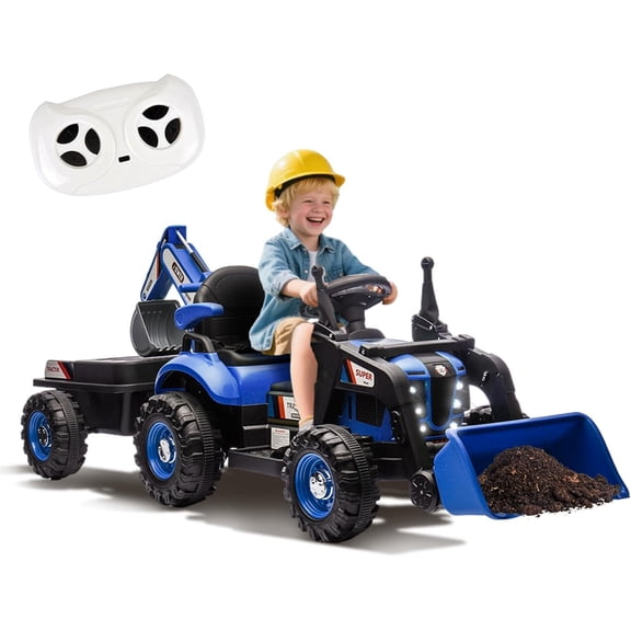HappyToysWorld24V Kids Electric Tractor with Parent Remote Control, 4-in-1 Excavator/Dump Truck/Bulldozer Attachments, 3 Speed Adjustable Ride-On Toy