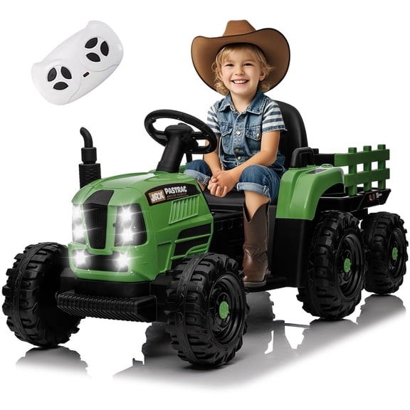HappyToysWorld24V Kids Ride on Tractor with Trailer, 400W Powerful Motor, 3 Speeds, Parent Remote Control, LED Lights & Bluetooth Music, Power Display, Safety Belt, Electric Toy Car for Ages 3+