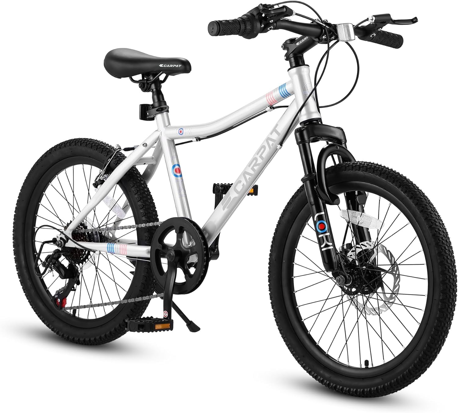HappyToysWorldKids Mountain Bike 20 Inch - 7 Speed Gears, Front Suspension, Dual Disc Brakes (High Carbon Steel Frame) for Boys Girls 8-12 Years Old, 20 * 2.125 Tires, Easy Assembly