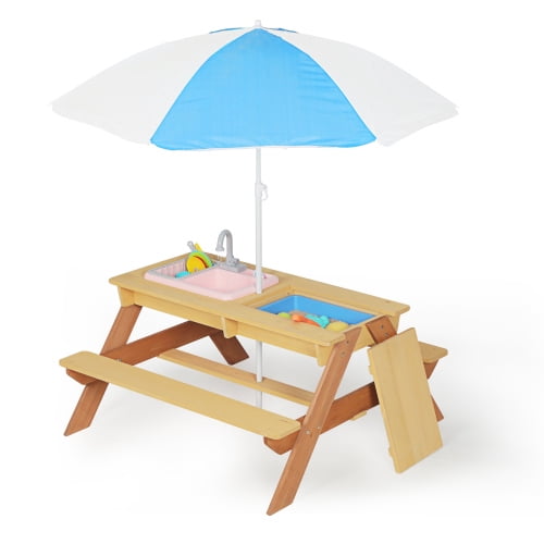 HappyToysWorldWooden Kids Picnic Table with Umbrella, 3-in-1 Sand and Water Table, Outdoor Activity Center for Backyard Patio