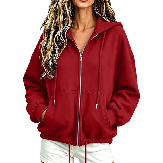 HappyYEE Full Zip Hoodies for Women, Open Front Drawstring Hooded Jackets, Fall Loose Long Sleeve Daily Outer Tops with Pockets