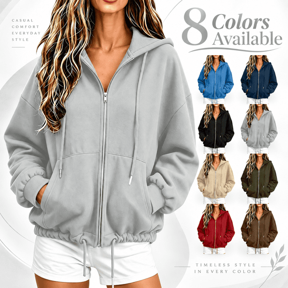 HappyYEE Full Zip Hoodies for Women, Open Front Drawstring Hooded Jackets, Fall Loose Long Sleeve Daily Outer Tops with Pockets