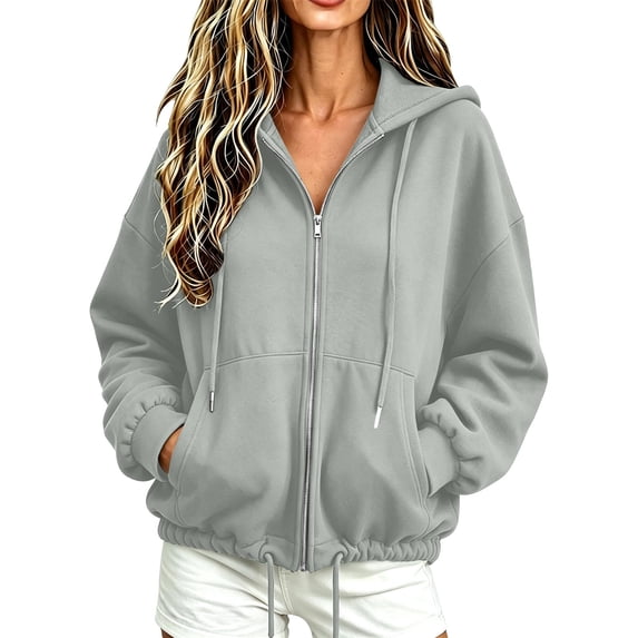 HappyYEE Full Zip Hoodies for Women, Open Front Drawstring Hooded Jackets, Fall Loose Long Sleeve Daily Outer Tops with Pockets