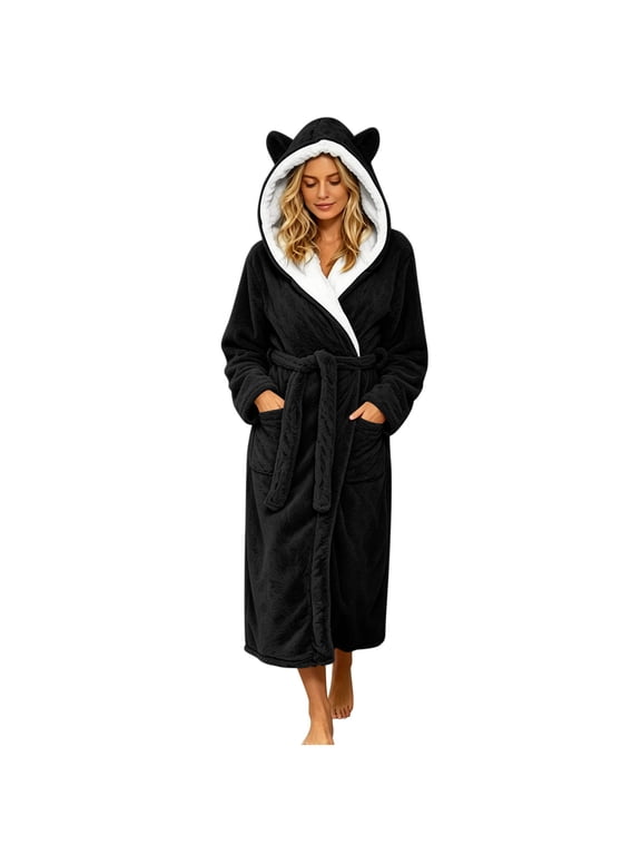 HappyYEE Fuzzy Bear Hooded Robe for Women, Winter Plush Fleece Warp Bathrobe, Oversized Long Sleeve Sleepwear Robe with Pockets and Belt