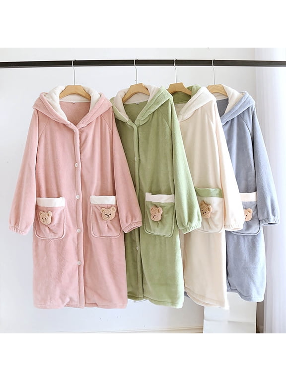 HappyYEE Hooded Bathrobes for Women Long Sleeve Raglan Absorbent Robes Bear Trim Pockets Button Front Long Robe