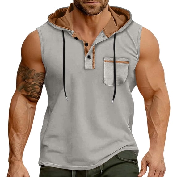 HappyYEE Men's Hooded Tank Tops Pullover Sleeveless Shirts with Drawstring Workout Gym Training Athletic Tank Top Gray M