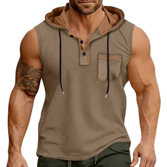 HappyYEE Men's Hooded Tank Tops Pullover Sleeveless Shirts with Drawstring Workout Gym Training Athletic Tank Top Khaki XXL