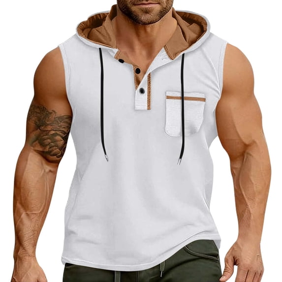 HappyYEE Men's Hooded Tank Tops Pullover Sleeveless Shirts with Drawstring Workout Gym Training Athletic Tank Top White XXL