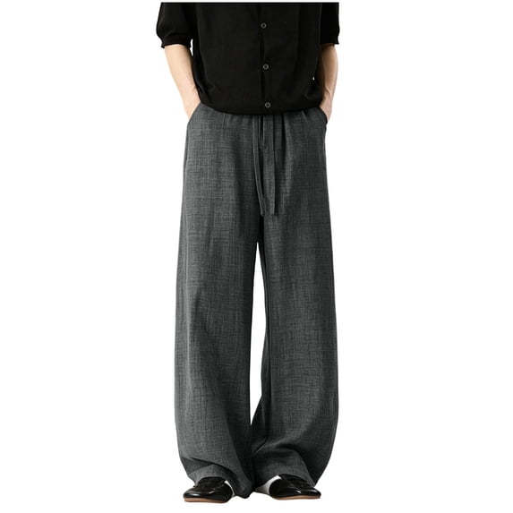 HappyYEE Plus Size Linen Trousers for Men Breathable Wide Leg Drawstring Waist Bottom Relaxed Fits Summer Casual Beach Pants with Pockets