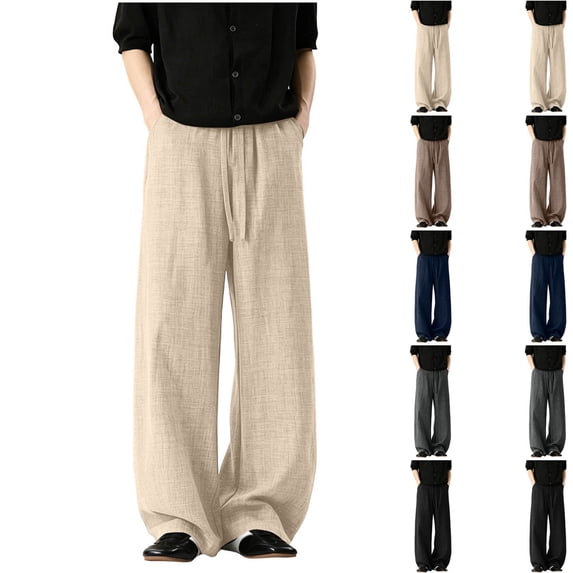 HappyYEE Plus Size Linen Trousers for Men Breathable Wide Leg Drawstring Waist Bottom Relaxed Fits Summer Casual Beach Pants with Pockets