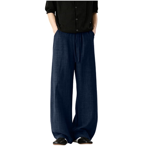 HappyYEE Plus Size Linen Trousers for Men Breathable Wide Leg Drawstring Waist Bottom Relaxed Fits Summer Casual Beach Pants with Pockets