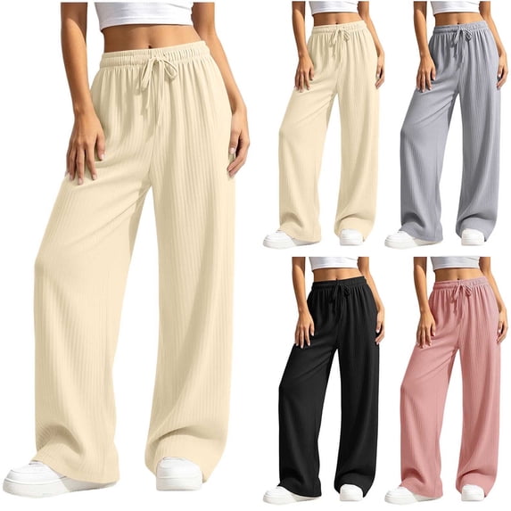 HappyYEE Ribbed Straight Leg Pants for Women Casual Elastic Waist Long Trousers with Pockets Lightweight Outdoor Walking Bottoms M