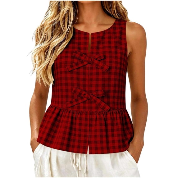 HappyYEE Summer Plaid Tank Tops for Women Round Neck Front Lace up Sleeveless Tops Loose Ruffle Flowy Casual Tanks Red L