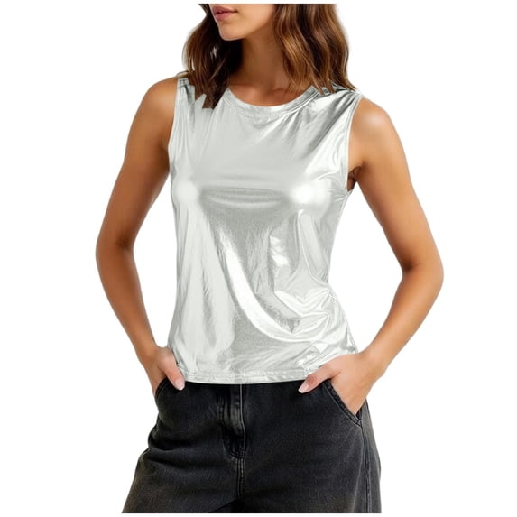 HappyYEE Summer Shiny Sleeveless Tops for Women Round Neck Sparkly Metallic Patent Tank Top for Party Night Club Silvers XL