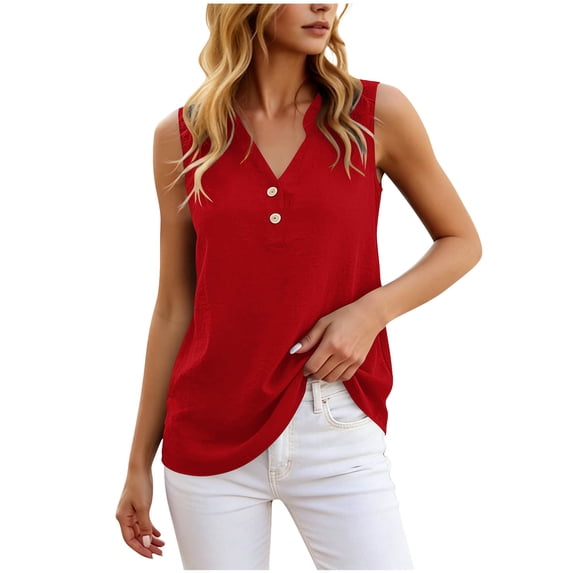 HappyYEE Summer Tank Tops for Women Casual V-Neck Button Sleeveless Tops Loose Fits Summer Fashion Versatile Tanks Daily Wear ,Red,L