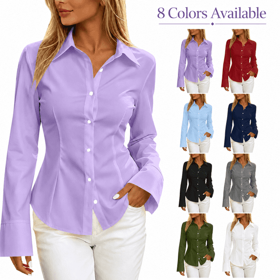 HappyYEE Women's Button Front Shirt - Long Sleeve Lapel Collar Cardigan Tops - Lightweight Casual Business Blouses Work Wear M