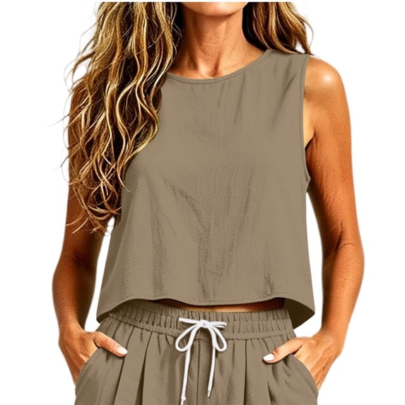 HappyYEE Women’s Crop Tank Tops Summer Sleeveless Loose Fits Tops Lightweight Faux Linen Casual Basic Tanks Khaki L