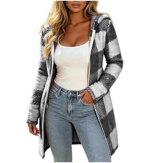 HappyYEE Women's Fleece Plaid Hooded Jacket, Fall Winter Zip Loose Coat, Fashion Comfy Long Sleeve Outerwear Tops with Pockets