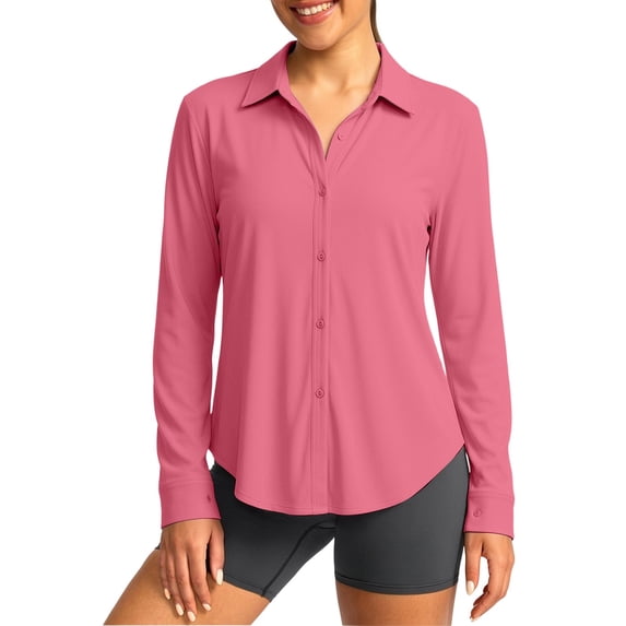 HappyYEE Women's Lapel Sun Shirts Casual Button down Long Sleeve Sun Protection Blouse Outdoor Breathable Comfy Rash Guard Pinks XL