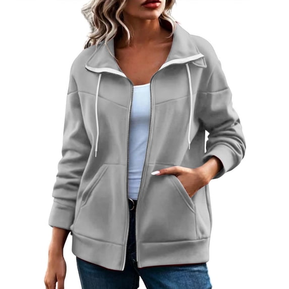 HappyYEE Women’s Lapel Zip Jacket - Drawstring Long Sleeve Coat Tops with Pockets - Loose Fall Daily Casual Outerwear