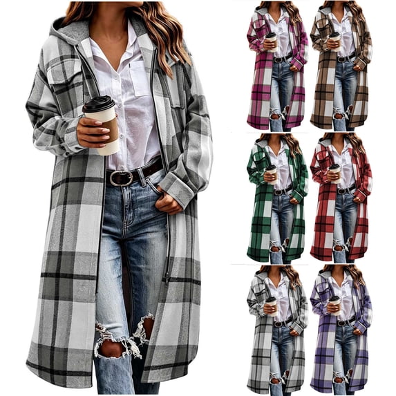 HappyYEE Women’s Plaid Long Jackets, Fall Flannel Full Zip Hooded Tunic Outerwear, Loose Long Sleeve Tunic Sweatshirt with Pockets