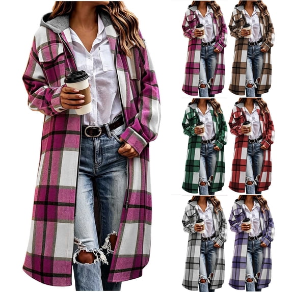 HappyYEE Women’s Plaid Long Jackets, Fall Flannel Full Zip Hooded Tunic Outerwear, Loose Long Sleeve Tunic Sweatshirt with Pockets