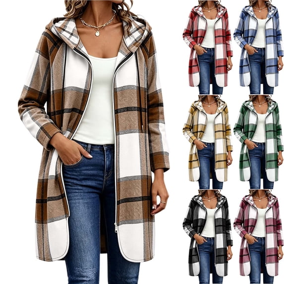 HappyYEE Women’s Plaid Long Jackets, Fall Winter Zip up Hooded Coat with Pockets, Oversized Loose Long Sleeve Daily Outerwear Tops