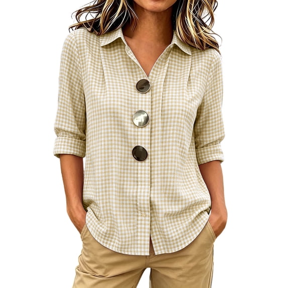 HappyYEE Women's Plaid Long Sleeve Shirt - Plus Size Lapel Collar Button Front Blouses - Loose Fits Breathable Casual Tops 4XL