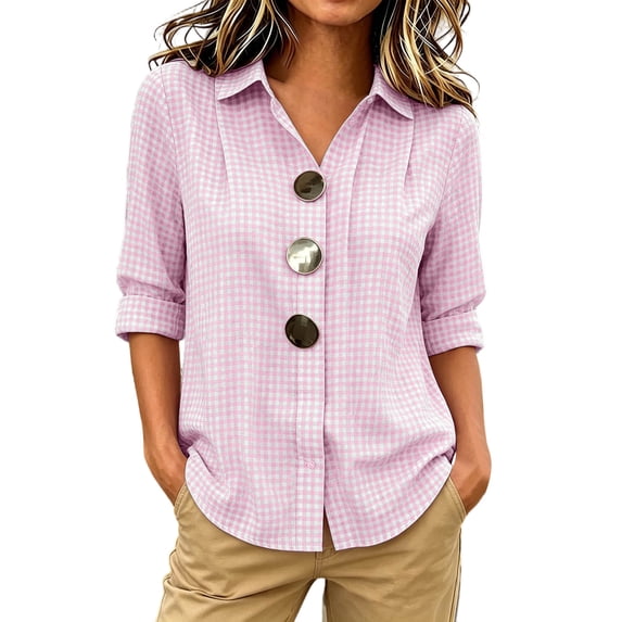 HappyYEE Women's Plaid Long Sleeve Shirt - Plus Size Lapel Collar Button Front Blouses - Loose Fits Breathable Casual Tops M