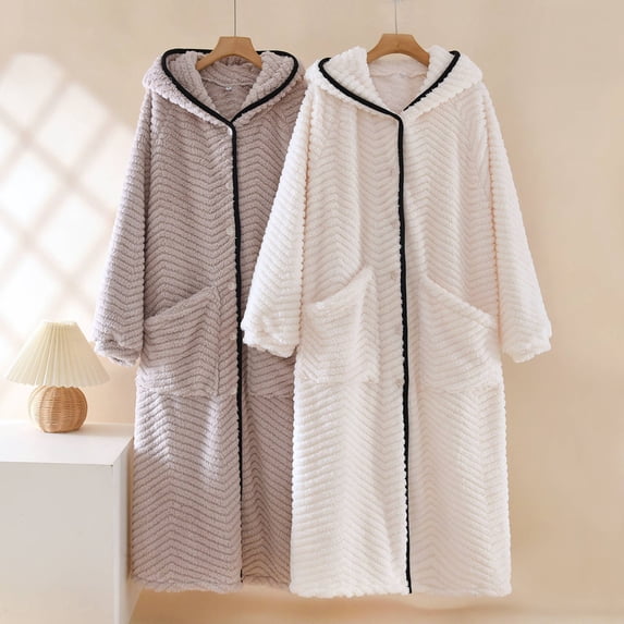 HappyYEE Women's Plush Fleece Hooded Robe, Soft Long Sleeve Button Bathrobe, Fall Winter Comfy Fuzzy Housecoats with Pockets