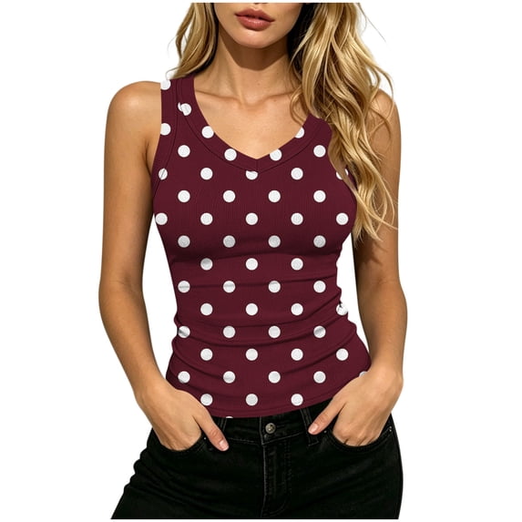 HappyYEE Women’s Polka Dot Tank Tops Summer V-Neck Ribbed Sleeveless Tops Slim Fits Knit Casual Camisole Daily Wear Wine XXL