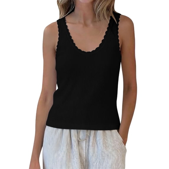 HappyYEE Women’s Ribbed Tank Tops Ruffle Round Neck Sleeveless Knit Tops Soft Lightweight Relaxed Fits Tanks Daily Wear,Black,XL