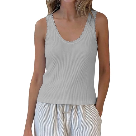 HappyYEE Women’s Ribbed Tank Tops Ruffle Round Neck Sleeveless Knit Tops Soft Lightweight Relaxed Fits Tanks Daily Wear,Gray,XXL