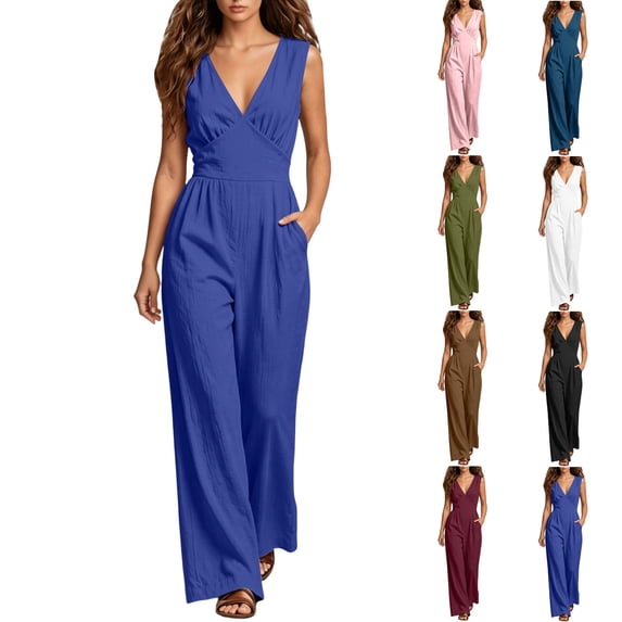 HappyYEE Women’s Sleeveless V Neck Jumpsuit, Relaxed Fits Straight Leg Pants, Wide Straps Casual Streetwear Overalls