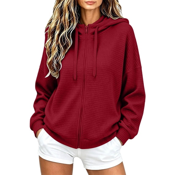 HappyYEE Women’s Waffle Zip up Hoodies, Drawstring Hooded Zipper Sweatshirt, Fall Loose Long Sleeve Knit Cardigan Jackets