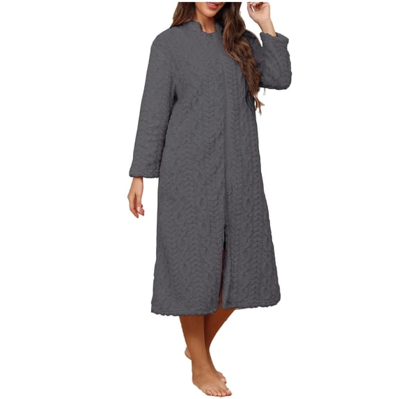 HappyYEE Zipper Robe for Women, Winter Plush Fleece Housecoats with Pockets, Warm Full Length Casual Nightgown Loungewear